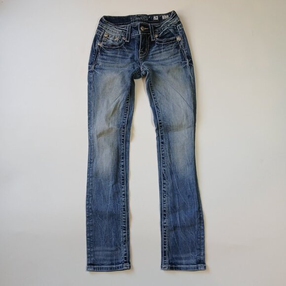 Miss Me Signature Straight Leg Jeans Size 24 Distressed Rhinestone Sequin Pocket - Picture 12 of 16